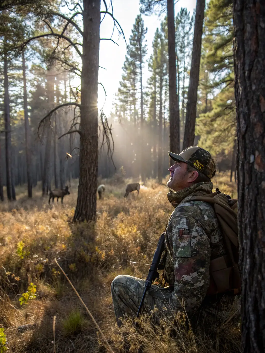 An image of a ranger patrolling a forest area, equipped with binoculars and communication devices, representing DOMAINE DU VENERE's anti-poaching measures.