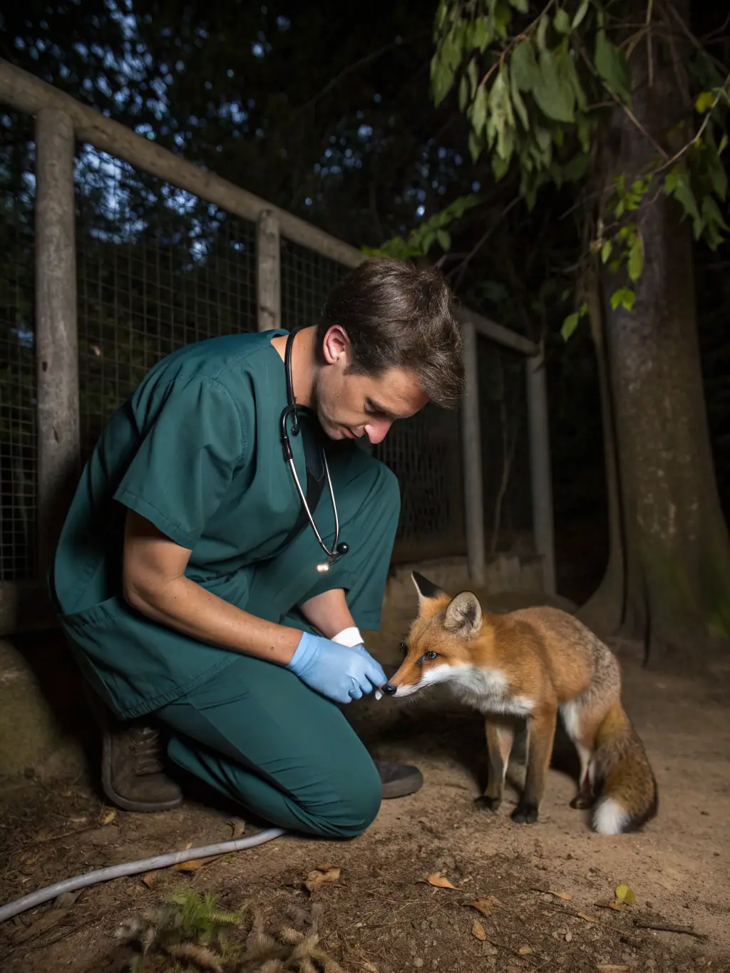 A close-up shot of a wildlife veterinarian examining a rescued deer, highlighting DOMAINE DU VENERE's commitment to animal welfare and rehabilitation.