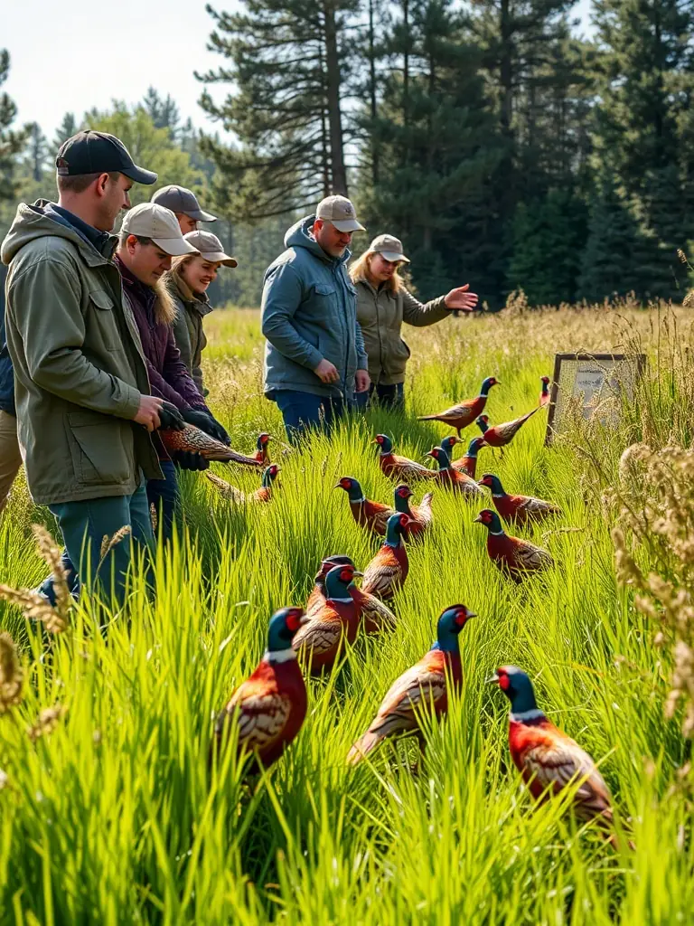 A photograph depicting a group of volunteers releasing pheasants into a protected area, showcasing DOMAINE DU VENERE's repopulation efforts.