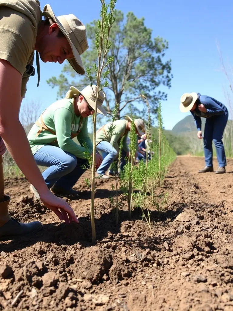 A photo of volunteers planting native trees in a deforested area, illustrating the organization's reforestation efforts and habitat restoration projects.